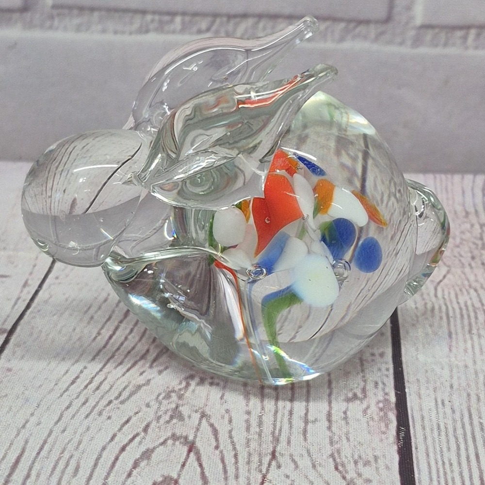 Art Glass Bunny Rabbit‎ Figurine Paperweight~Clear With White, Orange & Blue